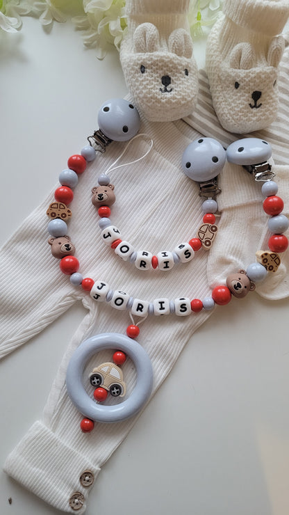 Kinderwagenkette & Schnullerkette mit Namen Bärchen und Auto