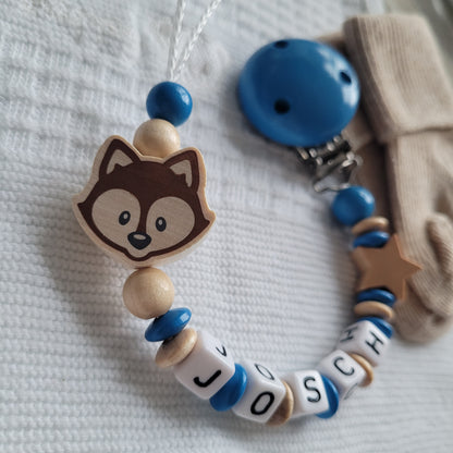 Schnullerkette für Jungen mit Namen Fuchs & Stern holz blau