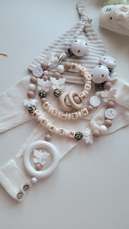 3er Set Schnullerkette Kinderwagenkette & Beissring mit Namen  Schmetterlinge leo weiss taupe