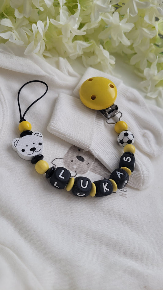 Schnullerkette mit Namen für Jungen Fussball Schwarz gelb