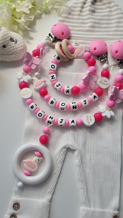 3er Set Schnullerkette Kinderwagenkette & Greifring Schwan & Blumen pink