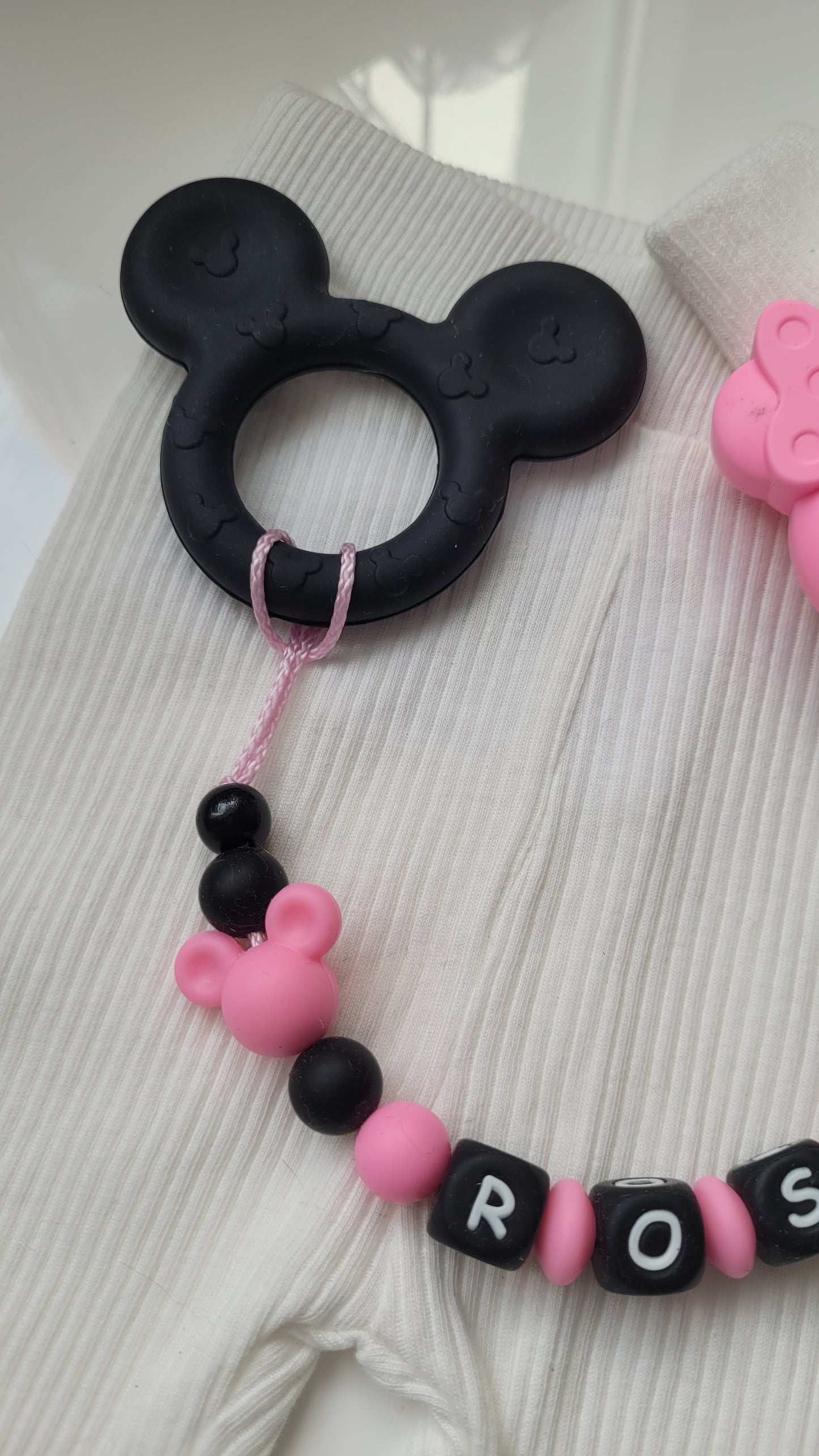 3 in 1 Beissring Schnullerkette mit Namen  Maus pink schwarz