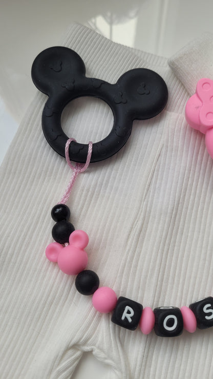 3 in 1 Beissring Schnullerkette mit Namen  Maus pink schwarz
