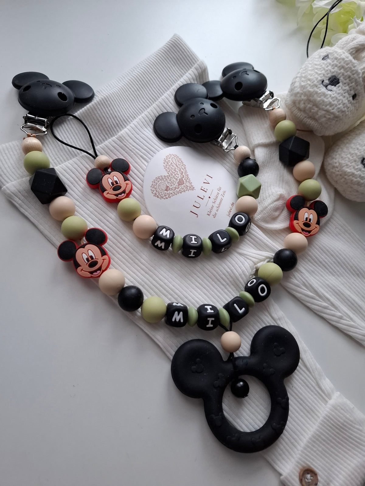 Kinderwagenkette & Schnullerkette Set mit Namen Maus schwarz grün beige personalisiert
