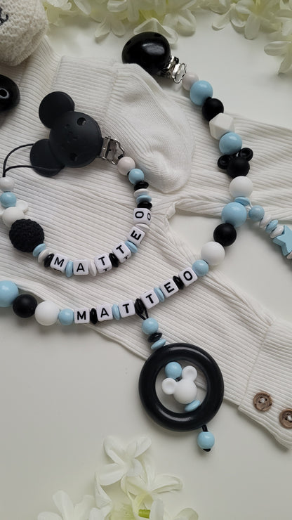 Kinderwagenkette & Schnullerkette * Maus* blau schwarz weiß