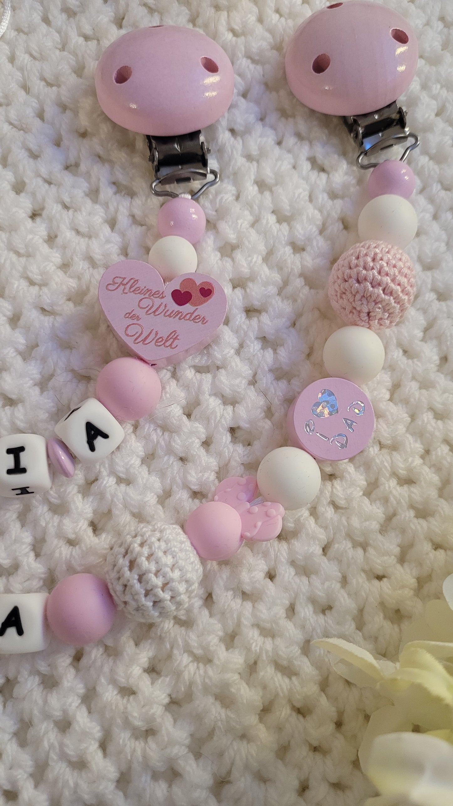 Kinderwagenkette & Schnullerkette mit Namen Maus rosa weiss