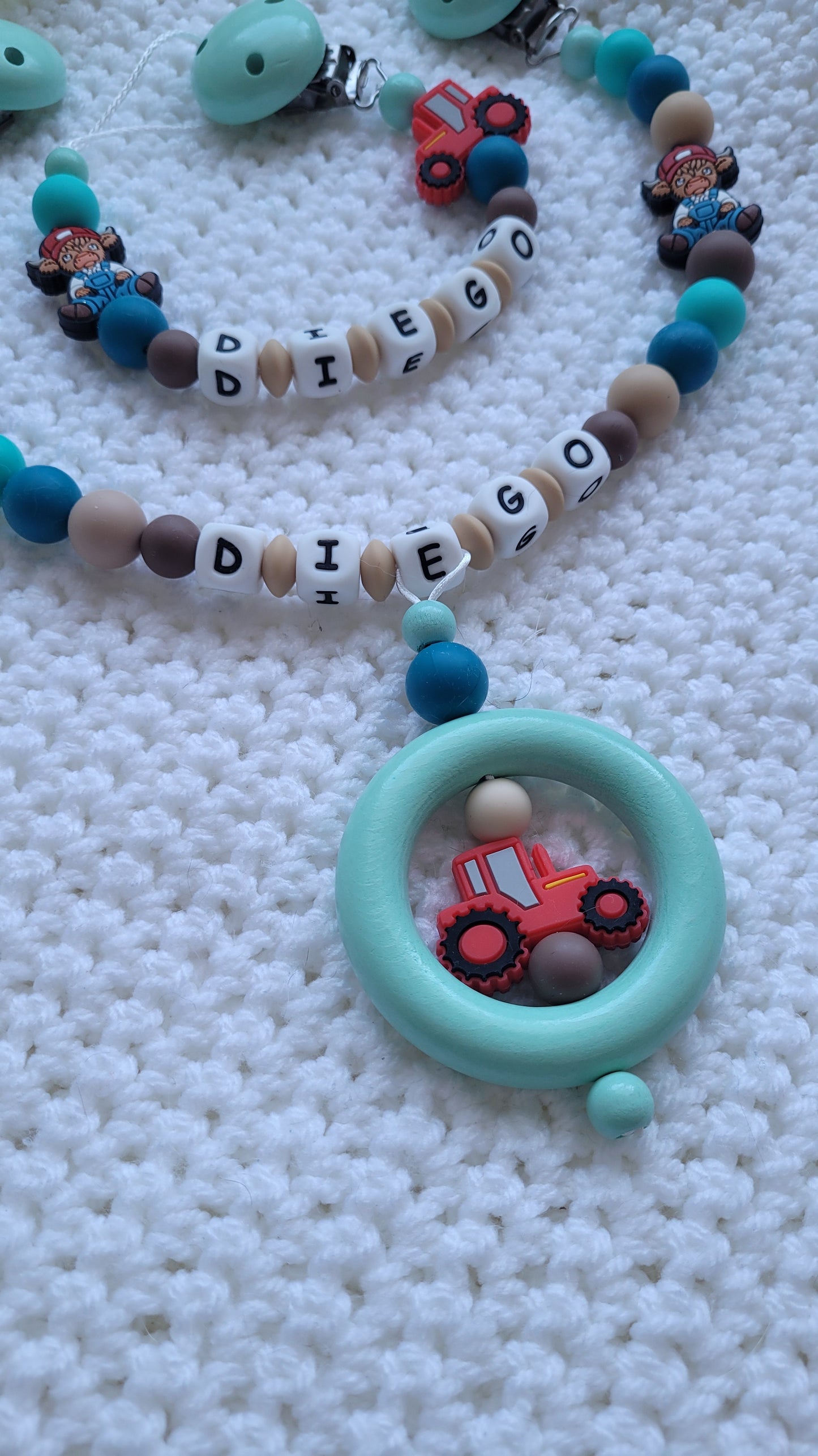 Kinderwagenkette & Schnullerkette Set Baby Bauernhof für Jungen braun petrol türkis