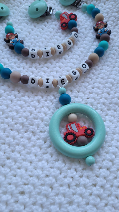 Kinderwagenkette & Schnullerkette Set Baby Bauernhof für Jungen braun petrol türkis