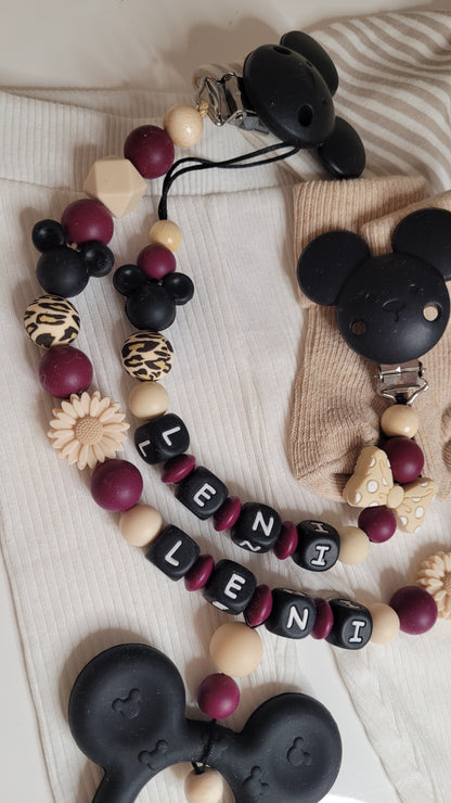 Kinderwagenkette & Schnullerkette mit Namen für Mädchen Maus weinrot beige schwarz