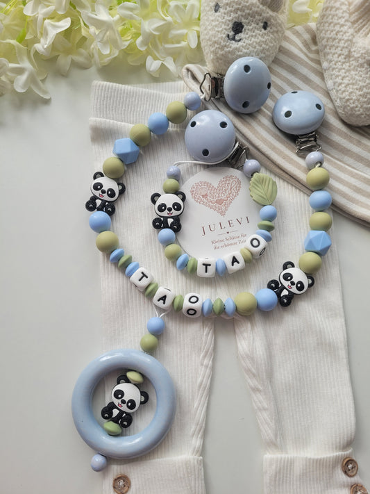 Kinderwagenkette & Schnullerkette Set mit Namen Panda blau grün weiß Silikon Holz | personalisiert
