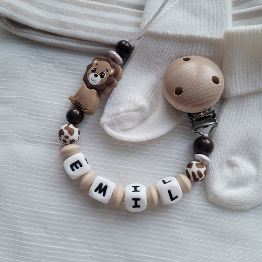 Schnullerkette mit Namen für Jungen Löwe braun beige