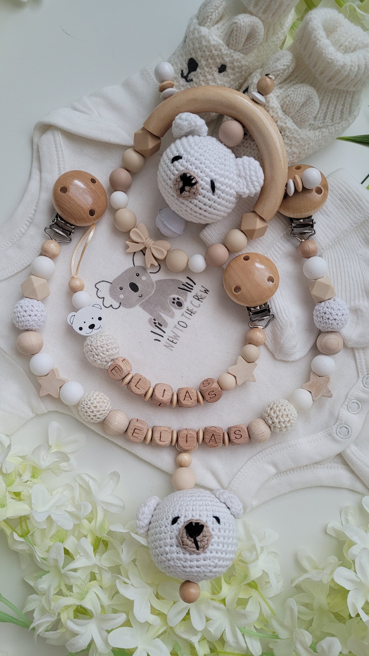 3tlg Set Schnullerkette Kinderwagenkette Greifling Teddy beige weiss