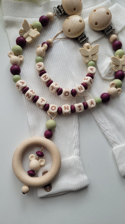 Kinderwagenkette & Schnullerkette Set mit Namen Maus Schmetterling brombeer beige grün Silikon Holz | personalisiert