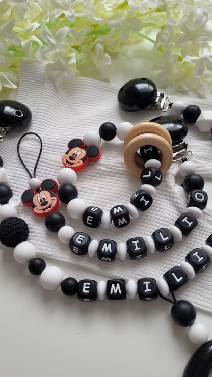 Komplett Set 3tlg Schnullerkette Kinderwagenkette Greifring mit Namen Mickey Maus schwarz weiß