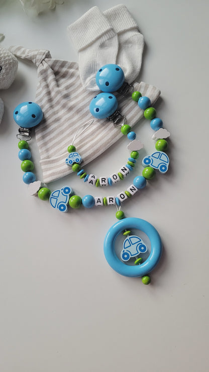 Kinderwagenkette & Schnullerkette mit Namen Auto blau grün