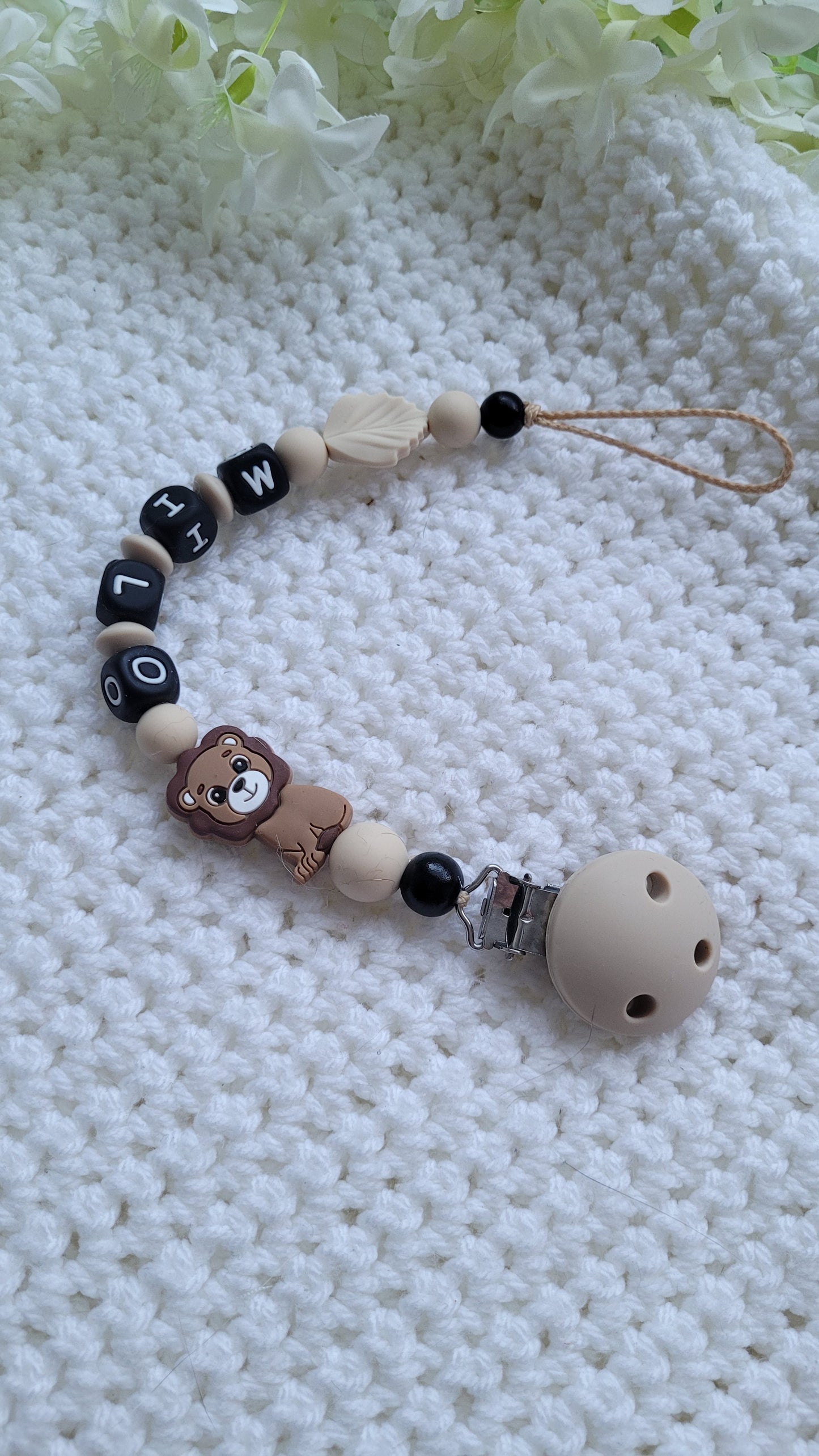 Kinderwagenkette & Schnullerkette Set Baby Löwe beige schwarz