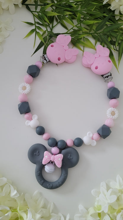 Kinderwagenkette & Schnullerkette *Minnie* grau rosa