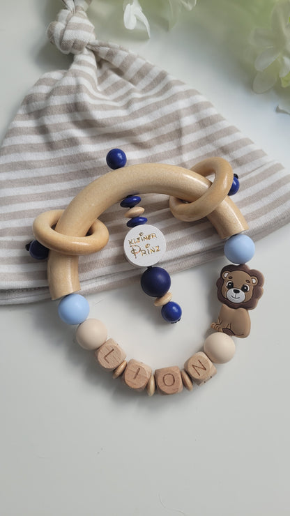 Mega 3tlg Set Schnullerkette Kinderwagenkette Greifling  Löwe blau braun