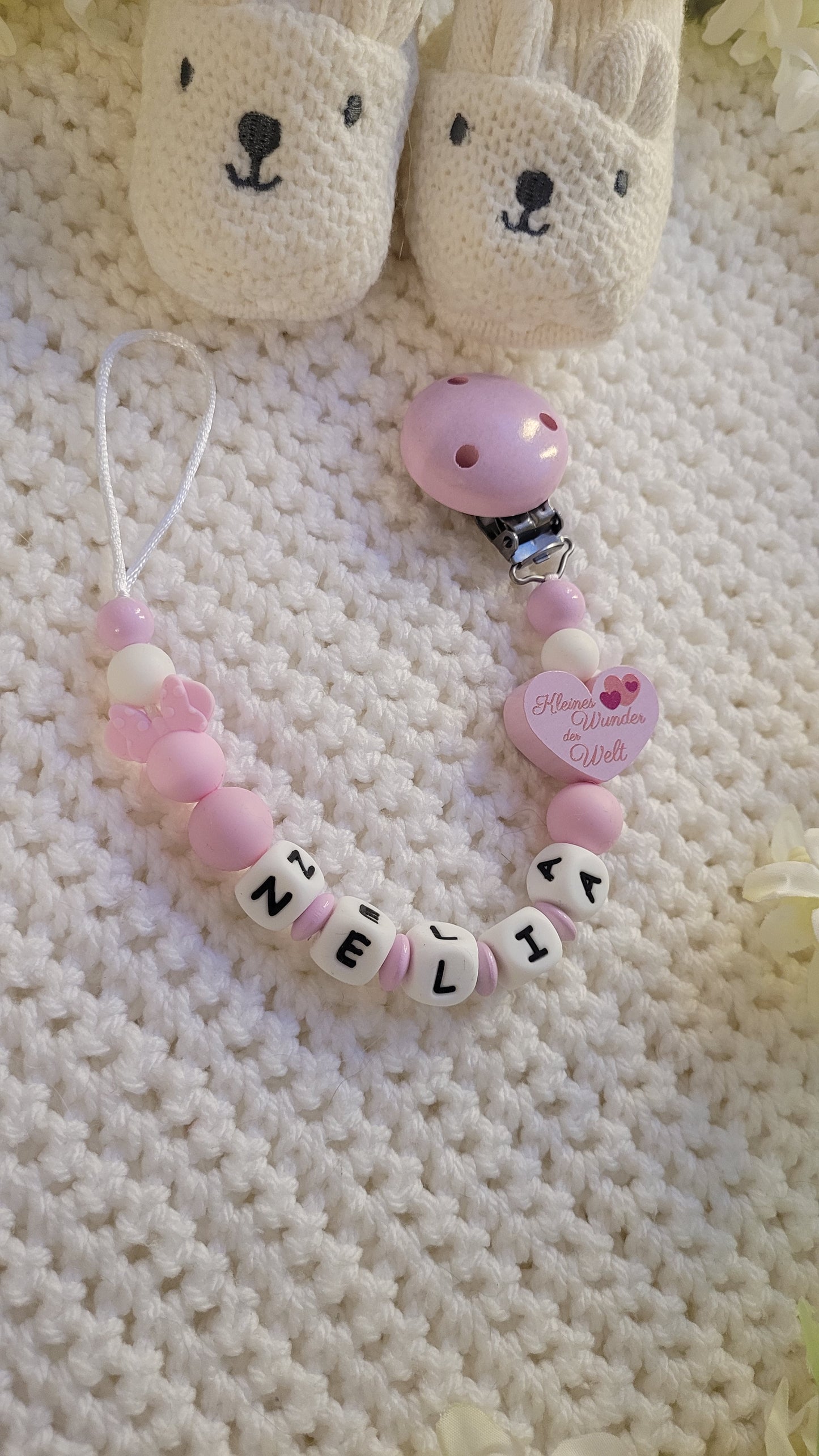 Schnullerkette mit Namen für Mädchen Maus rosa weiss kleines Wunder der Welt