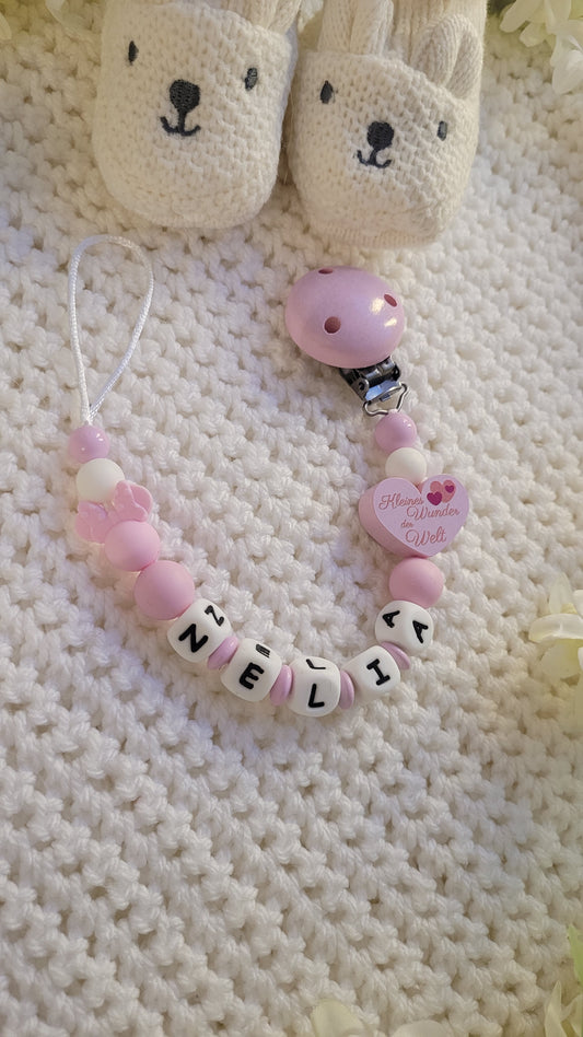 Schnullerkette mit Namen für Mädchen Maus rosa weiss kleines Wunder der Welt