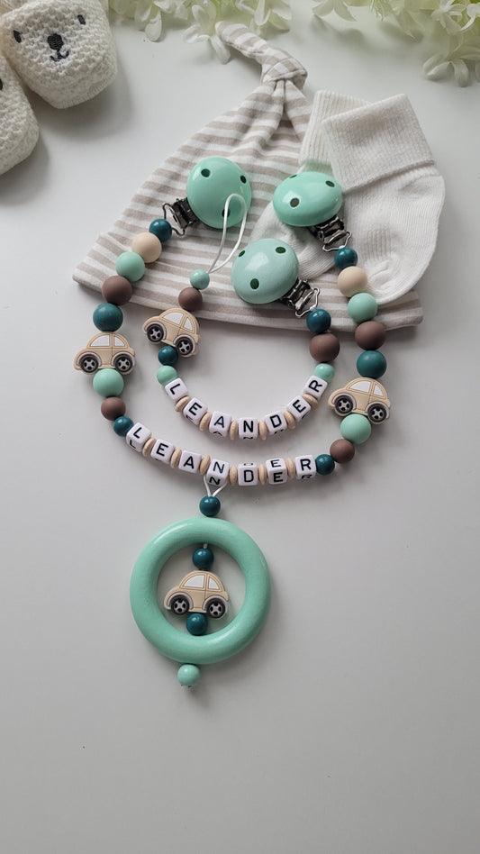 Kinderwagenkette & Schnullerkette Set mit Namen | Auto | Mint · Petrol · Weiß