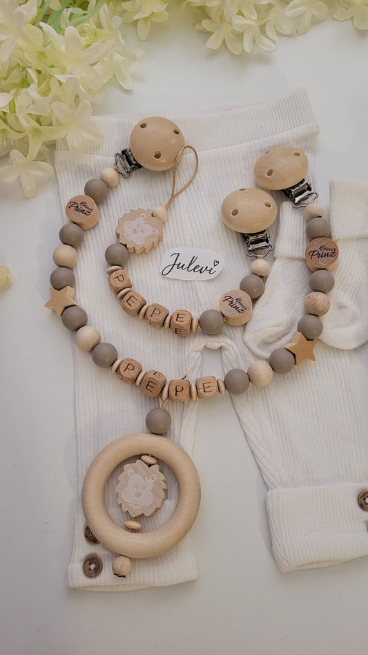 Kinderwagenkette & Schnullerkette mit Namen Löwe holz