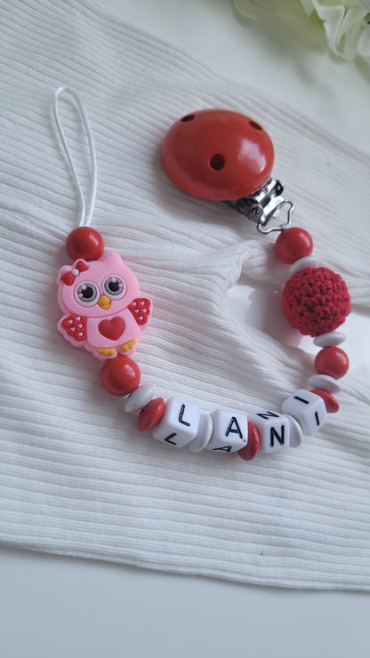 Schnullerkette mit Namen für Mädchen Eule