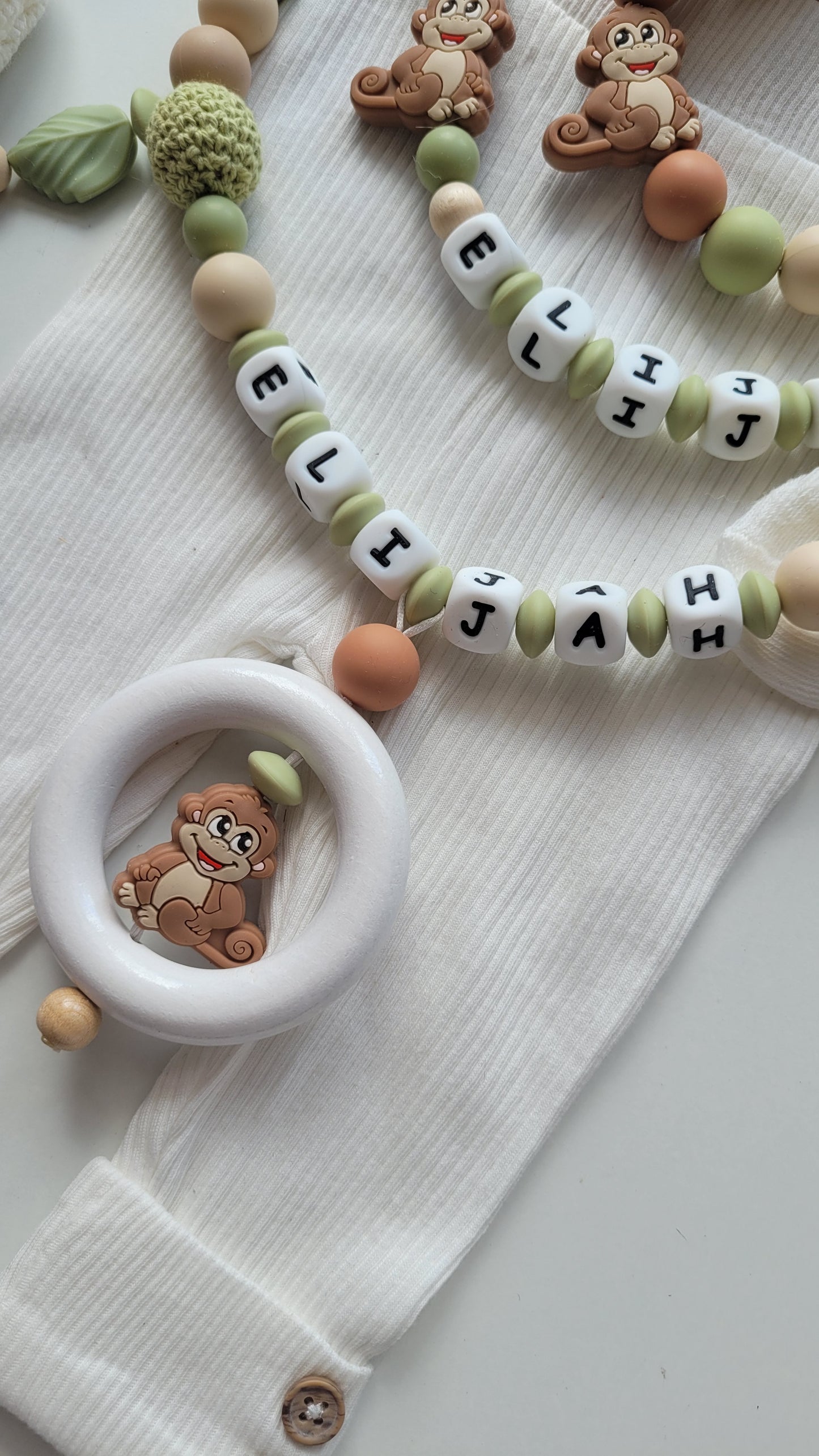 3tlg Set Schnullerkette Kinderwagenkette Greifring mit Namen | Affen | Beige Grün
