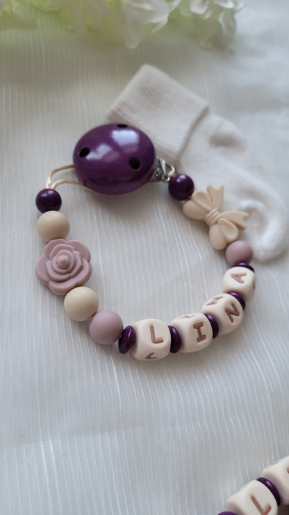 Kinderwagenkette & Schnullerkette mit Namen Maus und Blume altrosa beige pflaume