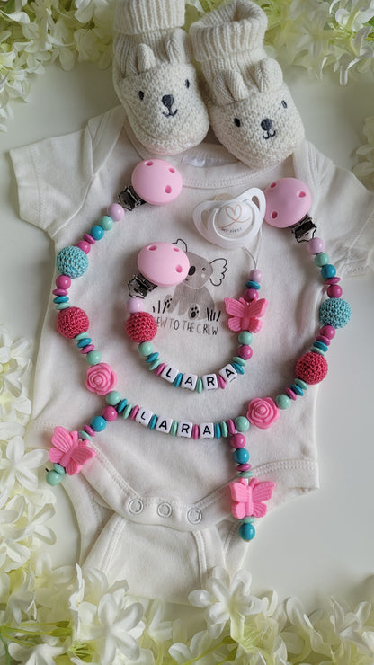 Kinderwagenkette mit Wunschnamen Butterfly türkis mint pink