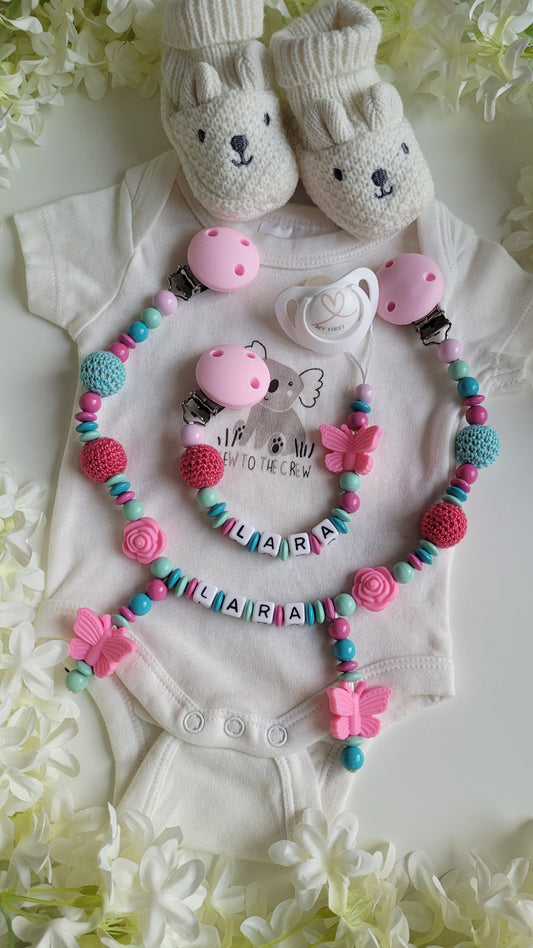 Kinderwagenkette mit Wunschnamen Butterfly türkis mint pink