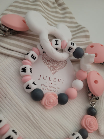 3er Set Schnullerkette, Kinderwagenkette & Beißring mit Namen Mäuse Schmetterlinge Rosen weiß peach dunkelgrau