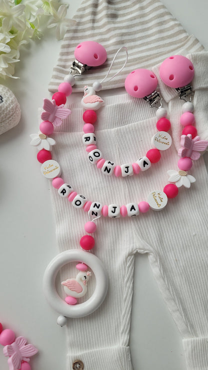 3er Set Schnullerkette Kinderwagenkette & Greifring Schwan & Blumen pink