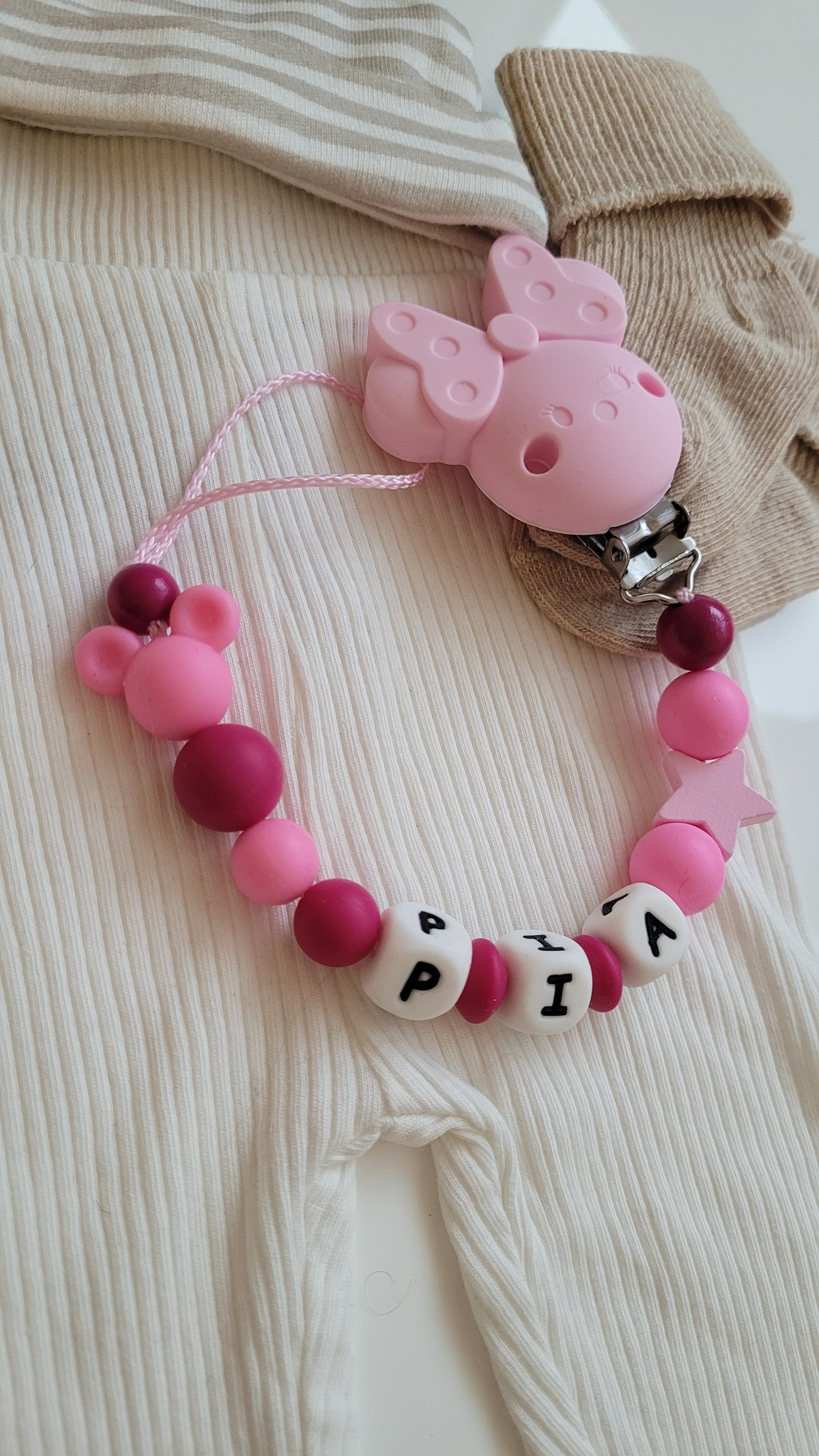 Schnullerkette mit Namen für Mädchen Maus pink