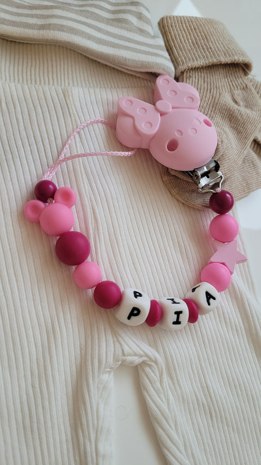 Schnullerkette mit Namen für Mädchen Maus pink