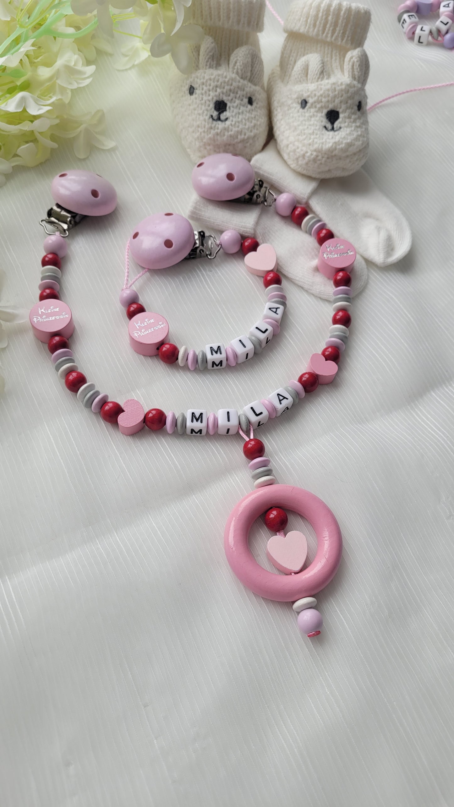 Kinderwagenkette & Schnullerkette mit Namen Kleine Prinzessin rosa weinrot
