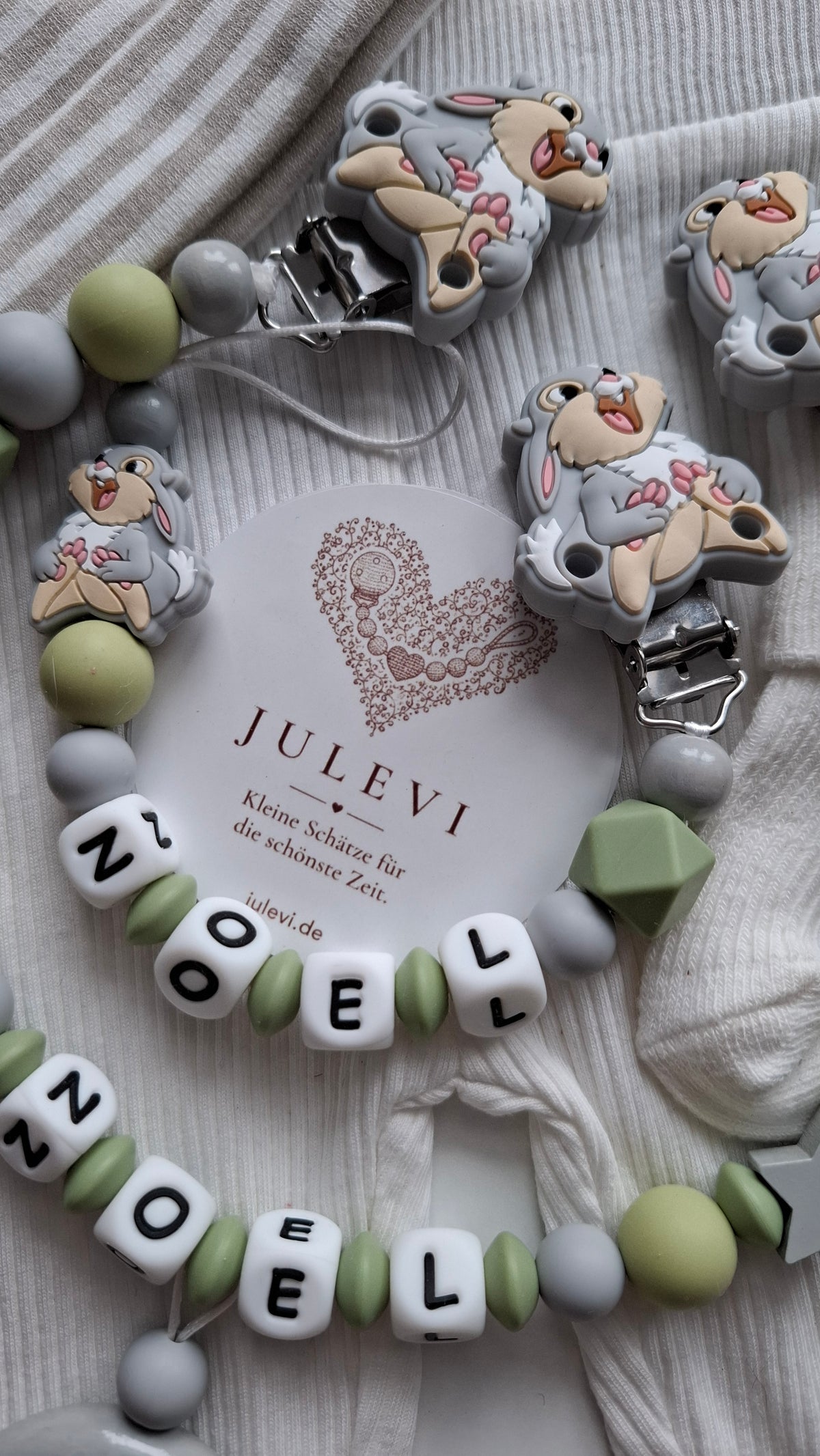 Kinderwagenkette & Schnullerkette Set mit Namen Hase grau grün Silikon | personalisiert