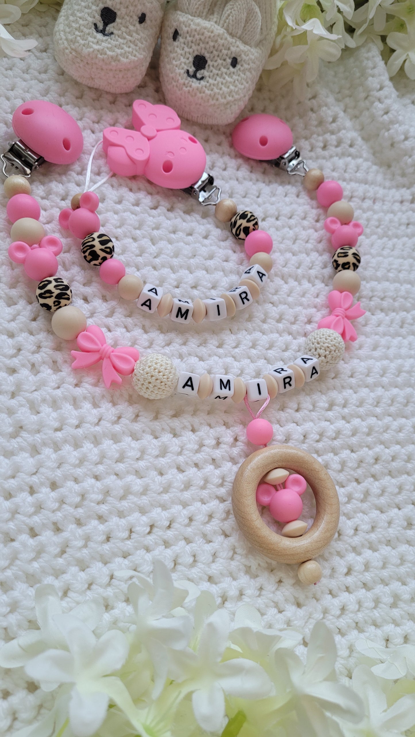 Kinderwagenkette & Schnullerkette mit Namen Maus Leo beige pink
