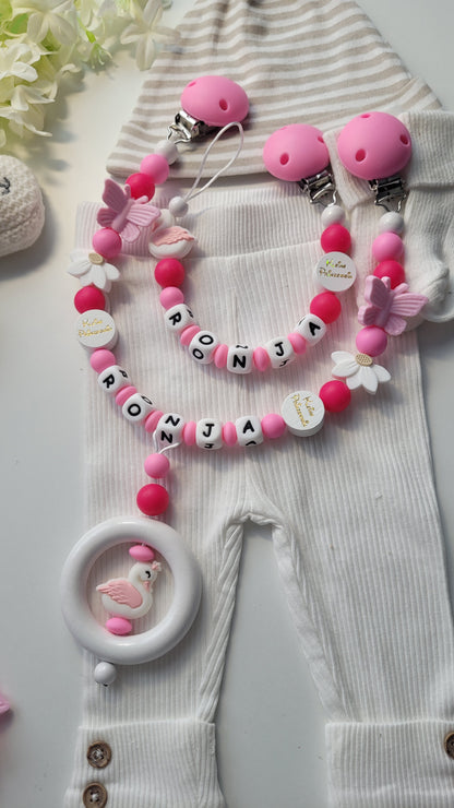 3er Set Schnullerkette Kinderwagenkette & Greifring Schwan & Blumen pink