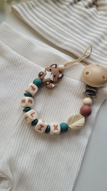 Schnullerkette mit Namen für Jungen Fuchs petrol beige