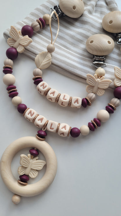 Kinderwagenkette & Schnullerkette Set mit Namen Schmetterling Blatt goldene Scheiben bordeaux beige braun Silikon Holz | personalisiert