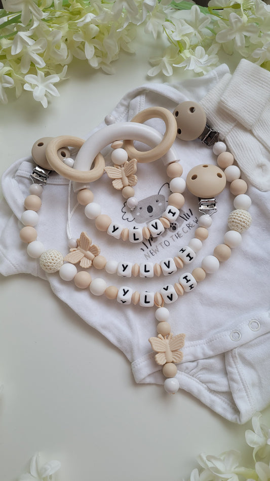 3tlg Set Schnullerkette Kinderwagenkette Greifling Schmetterling beige