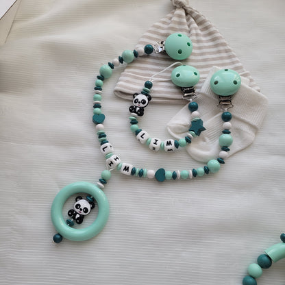 Kinderwagenkette & Schnullerkette mit Namen Panda & Stern mint petrol weiß