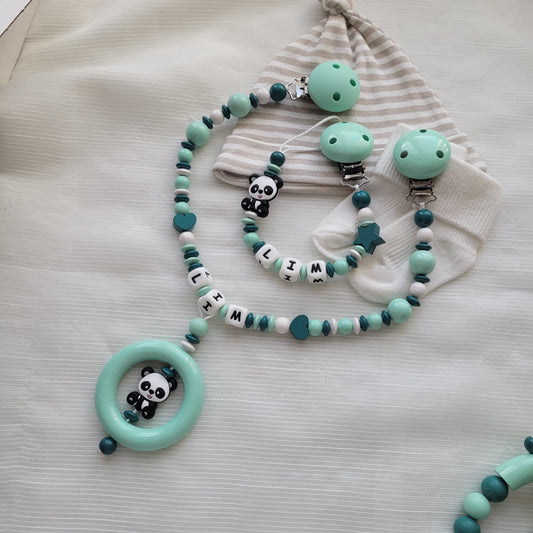 Kinderwagenkette & Schnullerkette mit Namen Panda & Stern mint petrol weiß