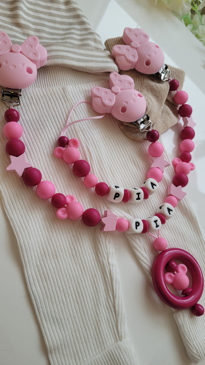 Kinderwagenkette & Schnullerkette mit Namen Maus pink
