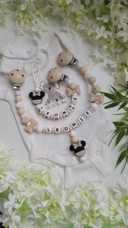 4 tlg Set Schnullerkette Kinderwagenkette Greifling & Schlüsselanhänger personalisiert Minnie beige