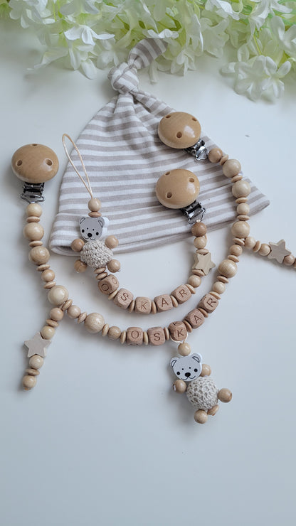 Kinderwagenkette & Schnullerkette mit Namen Bärchen holz