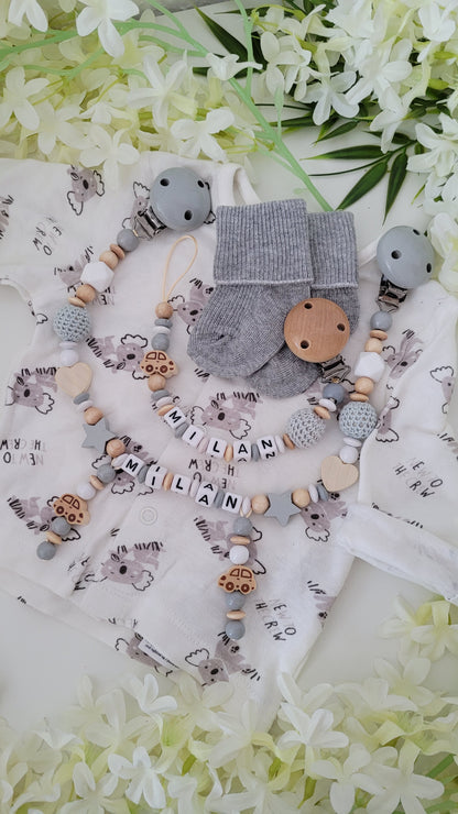 Kinderwagenkette & Schnullerkette * Auto* grau weiß holz