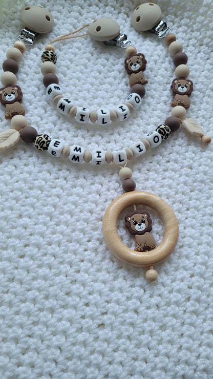 Kinderwagenkette & Schnullerkette Set Baby Löwe beige braun leo