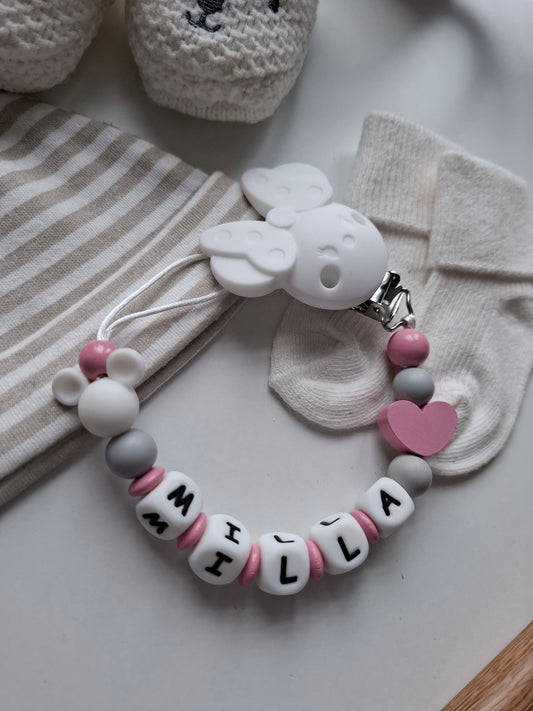 Schnullerkette mit Namen für Mädchen Maus babyrosa grau personalisiert